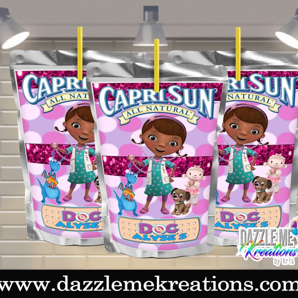 Doc mcstuffins Juice Pouch étiquettes/emballages-Digital-Doc mcstuffins party favors-doc mcstuffins party décor-custom Juice labels