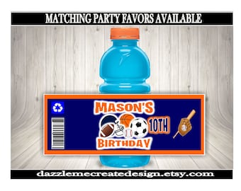 May include: A blue sports drink bottle with an orange cap and a custom label. The label is navy blue with orange trim and features sports-themed graphics and the text "MASON'S 10TH BIRTHDAY". The text "MATCHING PARTY FAVORS AVAILABLE" is at the top.