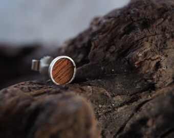 Earring studs (6 mm) with Stirling silver (925) setting and mahogany, maple, walnut,......(wood type as desired)