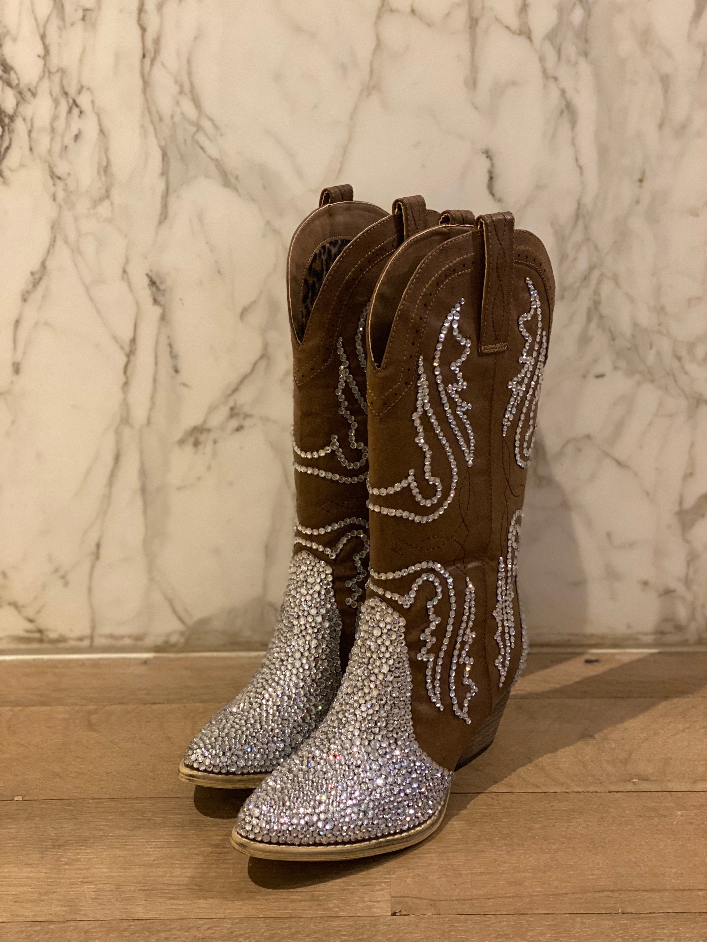 SaraIris Women's Vintage Cowgirl Boots Chunky Block Heel Embroidery Glitter Rhinestone Mid Calf Boots Pull-on Knight Western Cowboy Boots 