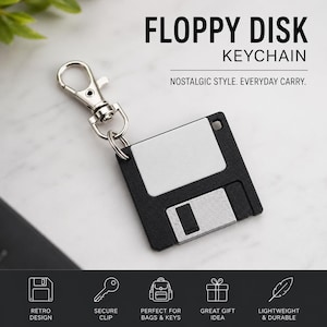 May include: A black and silver floppy disk keychain featuring a metal lobster clasp. The text FLOPPY DISK KEYCHAIN and NOSTALGIC STYLE. EVERYDAY CARRY. appear above the object, with icons and text for RETRO DESIGN, SECURE CLIP, BAGS & KEYS, GIFT IDEA, and LIGHTWEIGHT & DURABLE below.