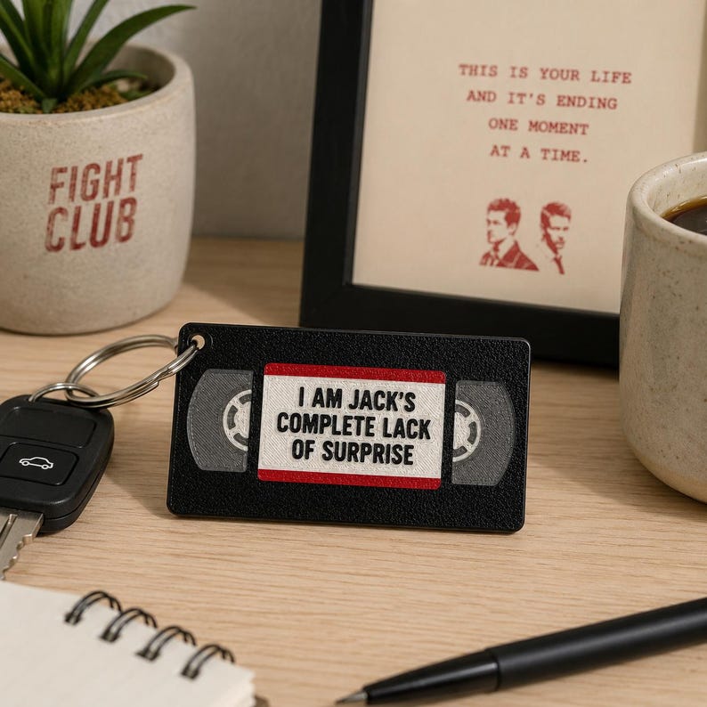 May include: A rectangular black keychain shaped like a VHS tape with a white label featuring the text I AM JACK'S COMPLETE LACK OF SURPRISE in black letters, accented by red borders and grey circular reel details, attached to a silver metal ring.