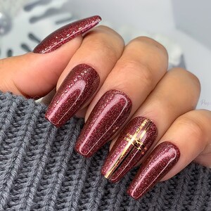 Burgundy Shimmer Press On Nails - Glitter Christmas Glue on Fake Nails