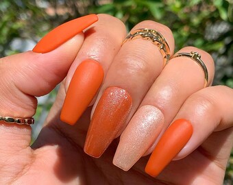 Orange Shimmer Fall Press on Nails- Autumn Glue on Fake Nails