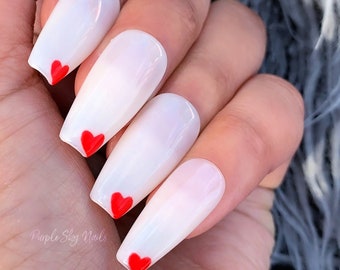 White Press On Nails - Valentines Day Gel Nails - Red Hearts Fake Glue On Nails