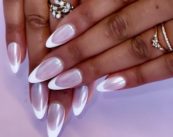 French Chrome Press On Nails - Chrome Frenchies Glue on Fake Nails