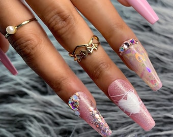 Pink Glitter Press On Gel Nails - Fake Glue On Nails