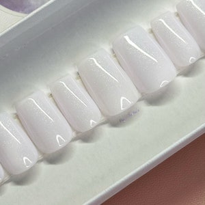 Milky White Press on Nails- White Silver Shimmer Glue on Fake Nails
