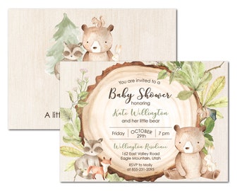 Woodland Baby Shower, 2 Sided Invitations, Thank You Postcards, Diaper Raffle/ Book inserts, Printed Envelopes Personalized Invitations.