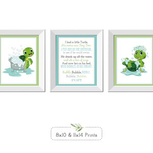 May include: Set of three framed prints featuring a green cartoon turtle in a bathtub with bubbles, a poem about a turtle, and a turtle covered in bubbles. The prints are framed in white with green and blue accents. The prints are available in 8x10 and 11x14 inch sizes.