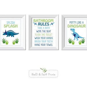 Little Boy Dinosaur Bathroom  Wall Decor, Bathroom Rules, Blues and Green, Set of 3, Print & Ship or Digital Download