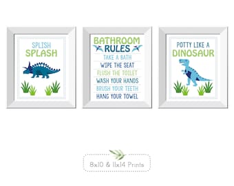 Little Boy Dinosaur Bathroom  Wall Decor, Bathroom Rules, Blues and Green, Set of 3, Print & Ship or Digital Download