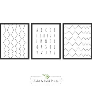 Alphabet Wall Decor, Chevron, Simple Decor, Kids Educational Wall Signs, Set of 3, Back and White, Digital Download or Print and Ship