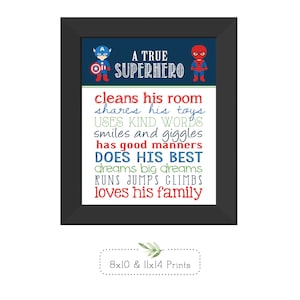 Little Boy Superhero Wall Decor, &quot;A True Superhero&quot;, Captain American, Spider-man, Red, Blue, Print & Ship or Digital Download
