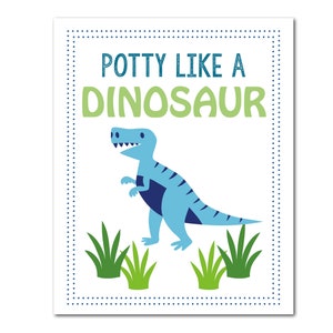 May include: A rectangular print with the text "POTTY LIKE A DINOSAUR" in teal and green. A blue dinosaur with dark blue accents stands on green grass. The print is framed with a dotted teal border.