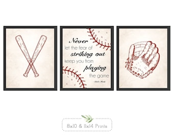 Baseball Wall Decor, Inspirational Quote, Baseball Glove, Baseball Bats, Red and Beige, Kids Decor, Digital Download or Print & Ship