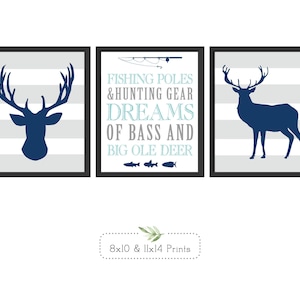 Little Boy Wall Decor, Fishing, Hunting, Deer, Set of 3, Navy Blue, White, Beige, Digital Download Or Print & Ship