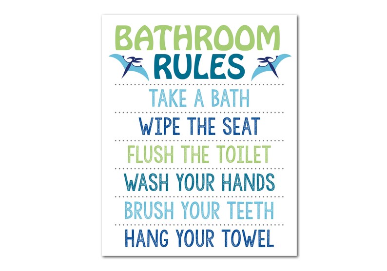 May include: A rectangular sign with the words "BATHROOM RULES" in green and blue, with dinosaur illustrations. The sign lists bathroom rules: Take a bath, wipe the seat, flush the toilet, wash your hands, brush your teeth, and hang your towel.