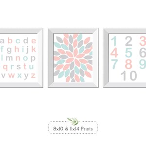 Baby Girl Nursery Wall Decor, Letters and Numbers, Coral Pink and Aqua Blue, Set of 3, Print & Ship or Digital Download