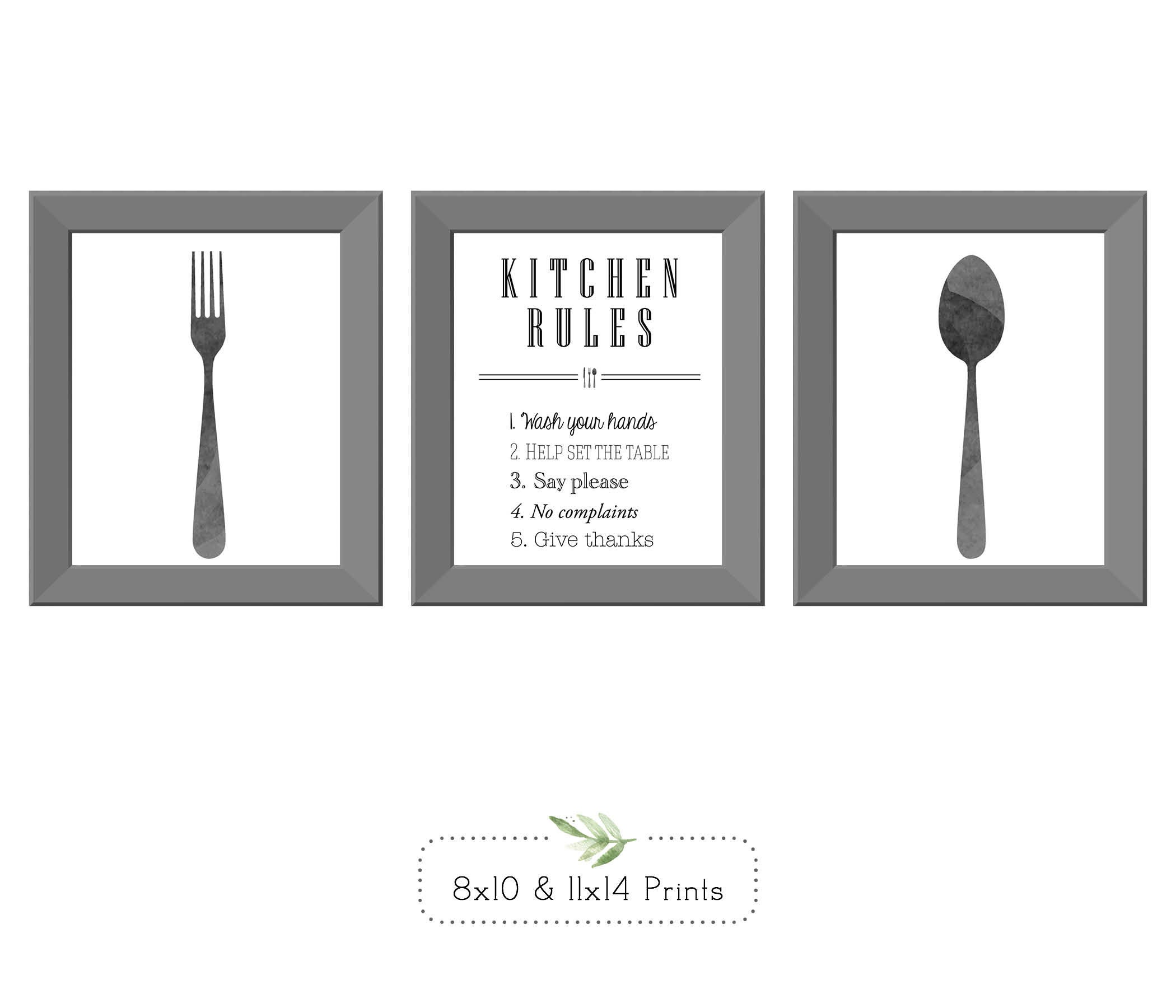 Kitchen Rules, Fork and Spoon, Wall Decor, Black and White, Set of 3