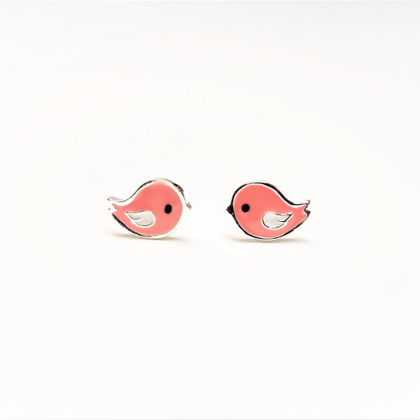 925 Sterling Silver Pink Bird Stud Earrings