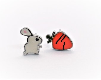 925 Silver Bunny and Carrot Earrings. Tiny 925 Sterling Silver Carrot & Bunny Stud Earrings