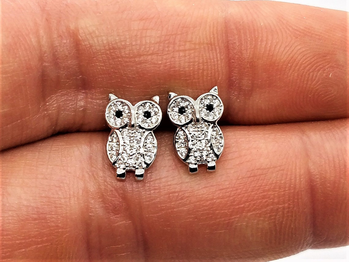 925 Silver Owl Earrings. Sterling Silver Owl Sparkly CZ Stud Earrings
