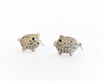 925 Silver Pig Earrings. Sterling Silver Sparkly Pig Stud Earrings.