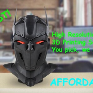 May include: A black, angular, full-head helmet with pointed ears and glowing red eye slits. The text on the image reads: FAST! High Resolution 3D Printing Service. You pick, we Print! AFFORDABLE!