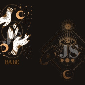 Puede incluir: Dos ilustraciones sobre fondo negro. Una presenta manos, cristales, lunas y estrellas con la palabra "BABE". La otra muestra un ojo, manos, sol, luna y estrellas. Ambas son en oro y blanco.