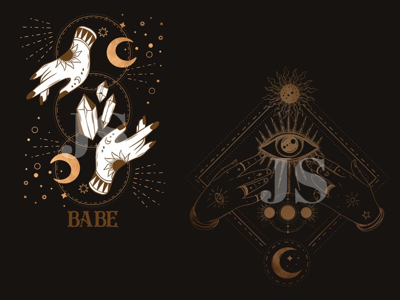 Puede incluir: Dos ilustraciones sobre fondo negro. Una presenta manos, cristales, lunas y estrellas con la palabra "BABE". La otra muestra un ojo, manos, sol, luna y estrellas. Ambas son en oro y blanco.