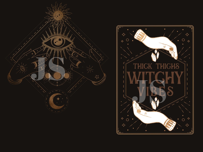 Puede incluir: Dos im&aacute;genes sobre un fondo negro. La primera presenta una detallada ilustraci&oacute;n dorada de manos, un ojo, un sol y una luna creciente. La segunda imagen tiene el texto "Thick Thighs Witchy Vibes" con manos y cristales.