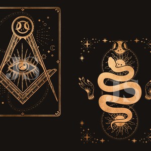 Puede incluir: Dos ilustraciones con arte lineal dorado sobre un fondo negro. Una presenta un comp&aacute;s, una escuadra y un s&iacute;mbolo de ojo. La otra representa una serpiente enroscada alrededor de un sol y una luna, con manos y estrellas.