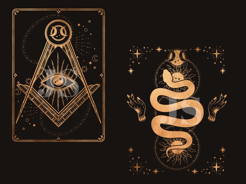 Puede incluir: Dos ilustraciones con arte lineal dorado sobre un fondo negro. Una presenta un comp&aacute;s, una escuadra y un s&iacute;mbolo de ojo. La otra representa una serpiente enroscada alrededor de un sol y una luna, con manos y estrellas.