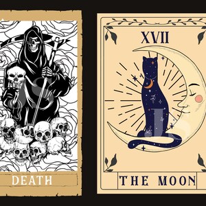 Puede incluir: Dos cartas de tarot sobre un fondo negro. La carta de la Muerte presenta una Parca negra sosteniendo una guada&ntilde;a y calaveras. La carta de la Luna muestra un gato negro sobre una luna creciente con estrellas y el texto "THE MOON".