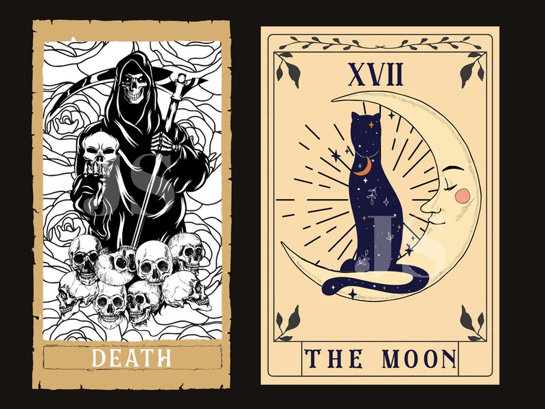 Puede incluir: Dos cartas de tarot sobre un fondo negro. La carta de la Muerte presenta una Parca negra sosteniendo una guada&ntilde;a y calaveras. La carta de la Luna muestra un gato negro sobre una luna creciente con estrellas y el texto "THE MOON".