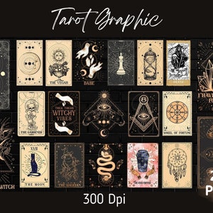 Puede incluir: Un conjunto de 20 gr&aacute;ficos de cartas del tarot con varios dise&ntilde;os, incluyendo s&iacute;mbolos celestiales, manos y cristales. Las cartas presentan textos como "The Vegan", "Death" y "The Moon". La combinaci&oacute;n de colores es negro, beige y dorado.
