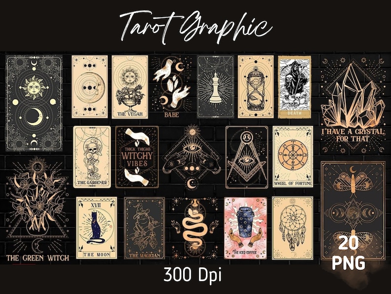 Puede incluir: Un conjunto de 20 gr&aacute;ficos de cartas del tarot con varios dise&ntilde;os, incluyendo s&iacute;mbolos celestiales, manos y cristales. Las cartas presentan textos como "The Vegan", "Death" y "The Moon". La combinaci&oacute;n de colores es negro, beige y dorado.