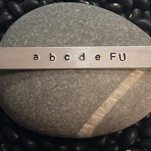 May include: A silver metal bar with the letters "a b c d e FU" stamped into it, resting on a gray stone. The stone is surrounded by black beans. The letters are in a simple, sans-serif font.