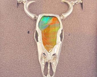 Ammolite Silver Buffalo Skull Pendant with integrated chain PN E21492