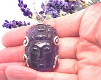 Amethyst Buddha Sterling Silver Necklace, Spiritual Healing Crystal Pendant