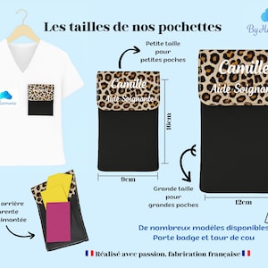 Puede incluir: Camiseta blanca con bolsillo con estampado de leopardo. Se muestran dos bolsas negras con solapas con estampado de leopardo, una de 9cm de ancho por 16cm de alto y otra de 12cm de ancho por 18cm de alto. El texto "Camille Aide Soignante" es visible.