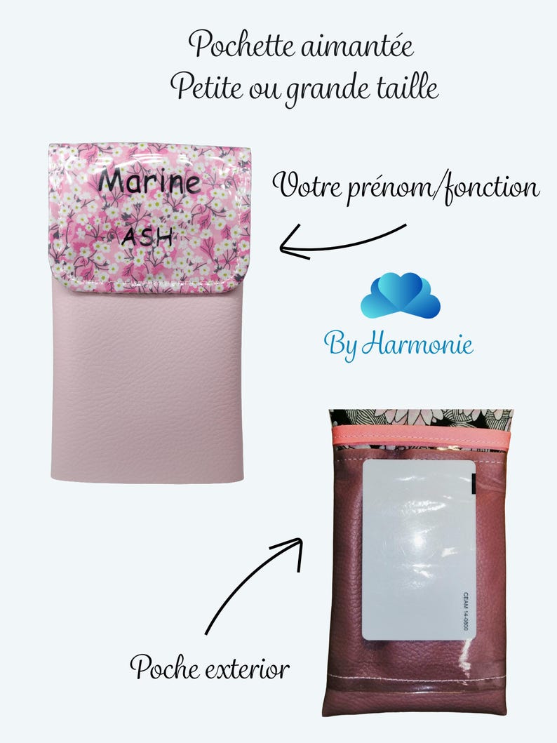 Puede incluir: Una funda magn&eacute;tica rosa con una solapa estampada con flores. La solapa est&aacute; impresa con el nombre "Marine" y "ASH". La funda tiene un bolsillo exterior y est&aacute; dise&ntilde;ada para guardar tarjetas.