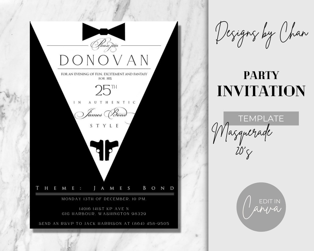 Editable James Bond 007 Party Invitation Template Digital and Printable