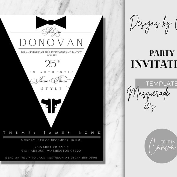 Editable James Bond 007 Party Invitation Template | Digital and Printable | Birthday Party, Secret Agent, Suit, Secret Spy, Casino Theme