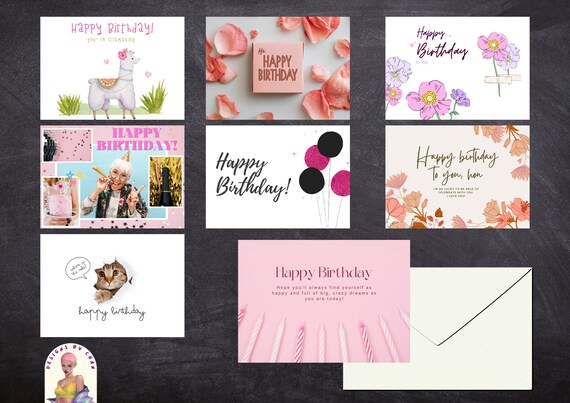 Pink Birthday Cards Set of 8 PRINTABLES Digital Card - Etsy