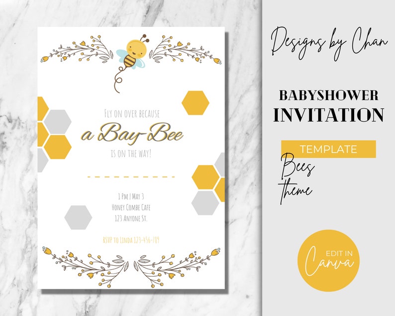 Editable Bee Baby Shower Invitation Template Digital and Printable Bee