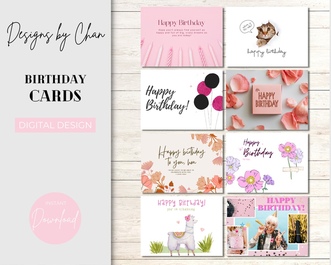 Pink Birthday Cards Set of 8 PRINTABLES Digital Card - Etsy