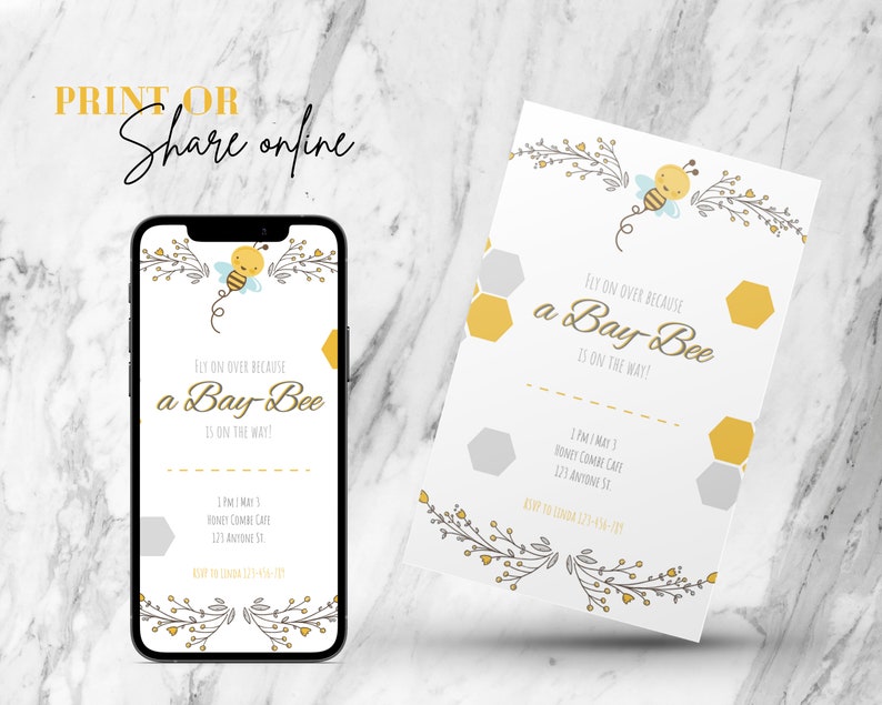 Editable Bee Baby Shower Invitation Template Digital and Printable Bee