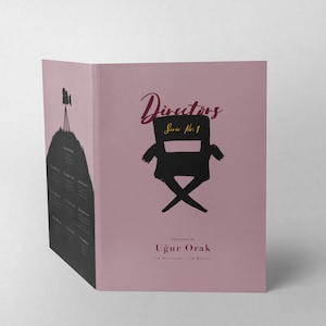 May include: A pink brochure with the title "Directors" and the text "Seat No. 1" in gold. A black silhouette of a director's chair is in the center of the brochure. The brochure is designed by "Ugur Orak".